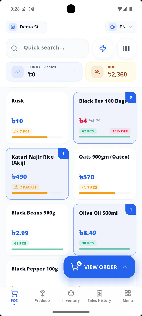 The same register on a phone: the product grid and the floating button that opens the order.